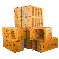 3D design of cargo containers for storage transportation illustration. 3D design lot of orange colored scratched cargo with open and closed doors