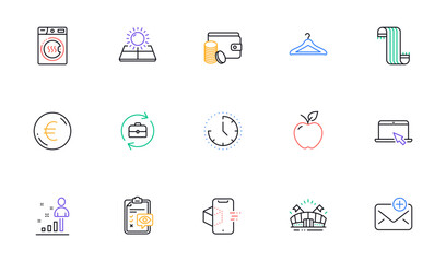 Payment method, Stats and Cloakroom line icons for website, printing. Collection of New mail, Portable computer, Time icons. Augmented reality, Sports arena, Dryer machine web elements. Vector