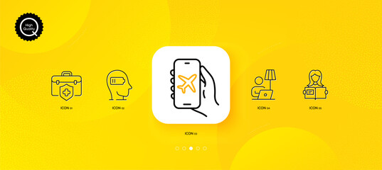 Fototapeta na wymiar Floor lamp, Flight mode and Woman read minimal line icons. Yellow abstract background. Medical insurance, Weariness icons. For web, application, printing. Vector