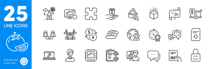 Outline icons set. Sconce light, Laptop repair and Teamwork icons. Online shopping, Presentation board, Currency exchange web elements. Lock, Loyalty program, Video conference signs. Vector