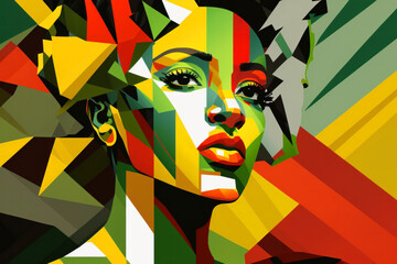Abstract Black female portrait with Black history month red, green and yellow colors. Generative ai
