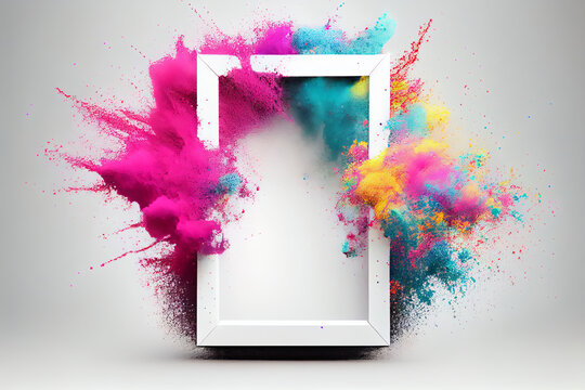 Product display frame with colorful powder paint explosion. Generative ai