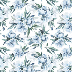 Watercolor pattern from leaves, blue peonies and buds. 
