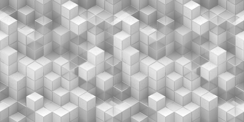 Seamless abstract minimal white isometric cubes background texture transparent overlay. Elegant shiny modern geometric backdrop. Futuristic subtle light grey building blocks pattern. 3d rendering.