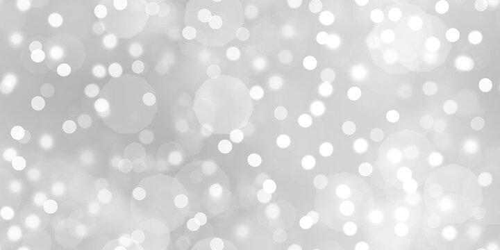 Seamless abstract white bokeh blur background texture transparent overlay. Dreamy soft focus wallpaper backdrop. Light silver grey diffuse glowing floating holiday circle dots pattern. 3d rendering.