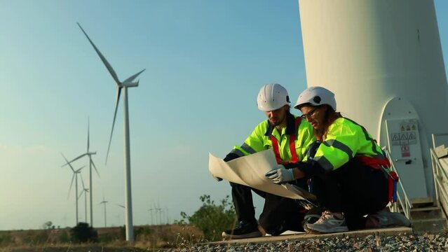 Male and female researcher or scientist examines the operation renewable energy wind turbine towers construction site to research the impact on the environment and local organisms to collect data.
