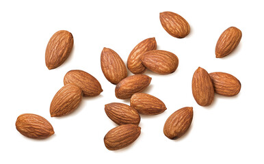 Single whole almonds scattered isolated on white background. Top view
