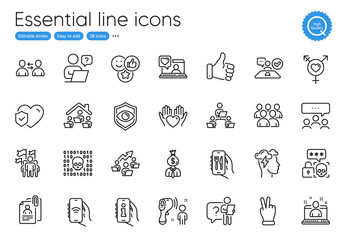 Online question, Cyber attack and Job interview line icons. Collection of Teamwork, Hold heart, Restaurant app icons. Eye detect, Best manager, Genders web elements. Manager. Vector