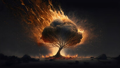 a single tree ablaze with flames in the center of landscape created with generative ai