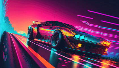 Futuristic sports car on neon highway. Supercar on a night track with colorful lights and trails. Generative ai illustration