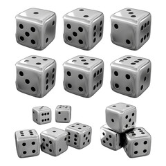 3d rendering of silver dice from multiple perspective view angle