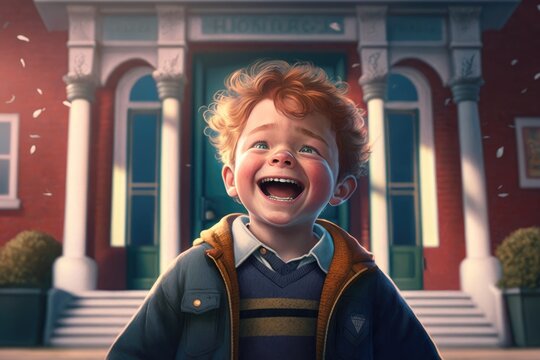 Illustration of cartoonish diverse young students in front of a school - Created with Generative ai