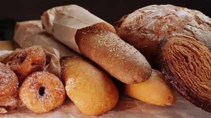 Bread displayed by the baker, assortment of Spanish baguette and traditional bakery shop desserts. Close up of European bread supermarket.