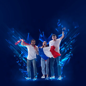 Creative art collage. Modern design. Young girl and two men emotionally cheering up favourite football team of france on championship over blue background. Sport, cup, world, team, competition