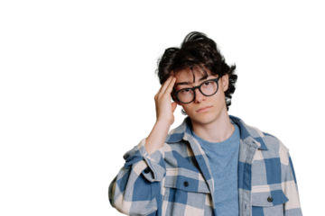 Overloaded schoolboy in plaid shirt, glasses touches temple feels headache stands against transparent background with copy space. Tired Italian boy looks at camera with sad face expression. Fatigue