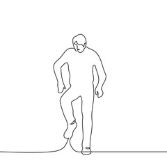 man raised foot to kick something or steps in something sticky or dirty - one line drawing vector. the concept raised foot