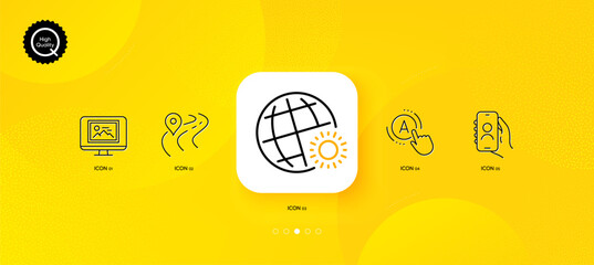 Fototapeta na wymiar Photo thumbnail, World weather and Ab testing minimal line icons. Yellow abstract background. User call, Road icons. For web, application, printing. Image monitor, Sunny, A test. Vector