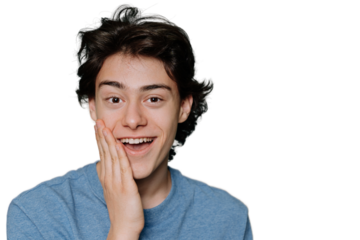 Close up portrait of handsome caucasian boy with brown eyes and hair In grey blue t-shirt puts palm on cheek in surprise with wide opened mouth looks at camera against transparent background. Mockup.