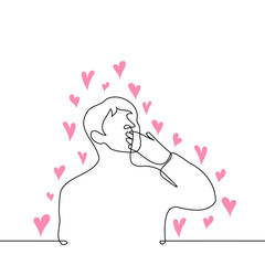 man surrounded by hearts kisses his palm to blow a kiss - one line drawing vector. concept lover, flirt, seducer