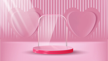 horizontal pink line background with love, pastel pink with glass mirror and light rays, backgorund vector 3D cylinder rendered for product presentation studio