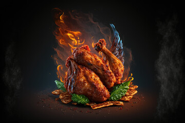 Grilled chicken, cooked over an open flame with huge fire flames, resulting in a perfectly cooked and juicy dish, with a mouth-watering aroma, ai generative.