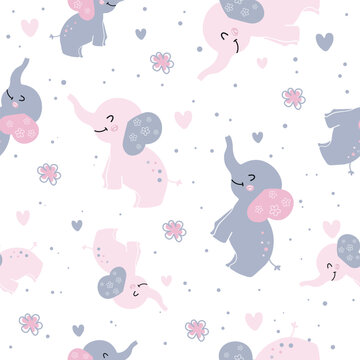 Seamless pattern with cute elephants. Vector childish illustration. Design for kids apparel, fabric, wallpaper, cards, wrapping