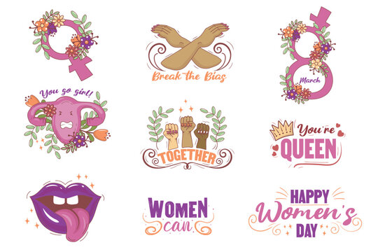 Set of feminist symbols of the women's movement, feminist slogans for self-acceptance, support for women, gender equality in cartoon doodle style