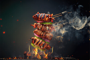 Grilled and barbecued gourmet meat, served with fresh salad, set against fire flames and smoky backdrop, creating a mouth-watering and irresistible culinary experience, ai generative. - obrazy, fototapety, plakaty