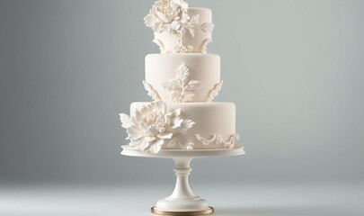  a three tiered cake with white flowers on a stand.  generative ai