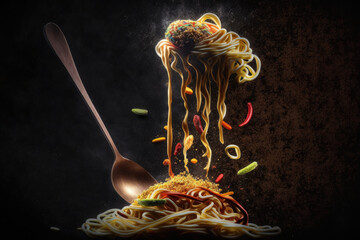 A plate of noodles, wrapped around a fork, displayed on a dark background, showcasing the simplicity and beauty of this classic and versatile dish, Ai generative.