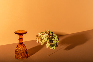 Upside down empty wine glass and hydrangea.