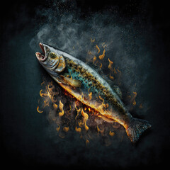 A grilled fish, cooked over charcoal fire flames, set against a smoky black background, creating a mouth-watering and visually striking image, Ai generative.