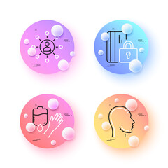 Blocked card, Networking and Blood minimal line icons. 3d spheres or balls buttons. Head icons. For web, application, printing. Private money, Business communication, Donor hand. Human profile. Vector