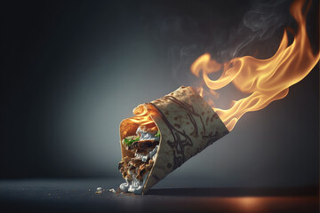 Turkish shawarma with chicken salad, topped with a dollop of mayonnaise, fresh tomatoes, and a tangy tortilla sauce, fiery flames and smoky haze, creating an flavorful experience, ai generative