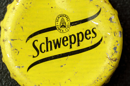 Tyumen, Russia-February 15, 2023: old schweppes carbonated beverage lid. Retro style, close-up, selective focus