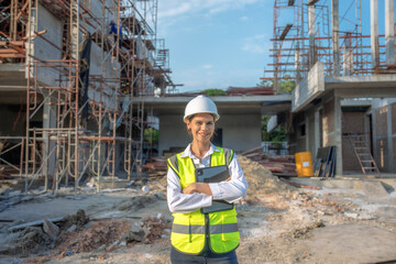 Portrait of Caucasian female engineer in front of construction site.