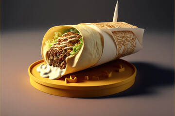 Turkish shawarma with chicken salad, topped with a dollop of mayonnaise, fresh tomatoes, and a tangy tortilla sauce, delivering a zesty and satisfying taste, Ai generative