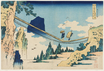 The Suspension Bridge on the Border of Hida and Etchū Provinces (ca.1834) in high resolution by Katsushika Hokusai. Original from The Minneapolis Institute of Art. - obrazy, fototapety, plakaty