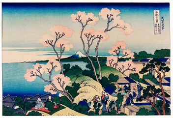 Goten-Yama Hill, Shinagawa on the Tokaido by Katsushika Hokusai (1760-1849) a traditional Japanese Ukyio-e style illustration of sakura blossom with Mount Fuji in the background and village people 