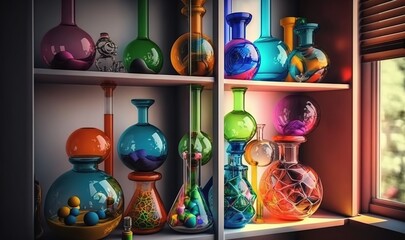  a shelf filled with lots of colorful vases on top of a window sill.  generative ai