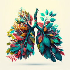 human lungs consisting of tree branches leaves and flowers. Generative AI.