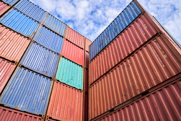 Fototapeta premium Perspective container boxes stacking in dock yard for logistic