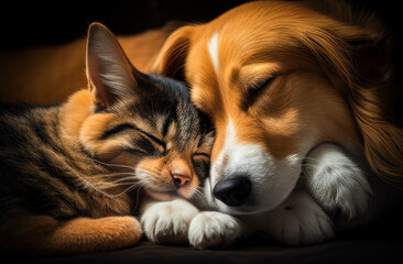 dog and a cat laying next to each other. Generative AI.