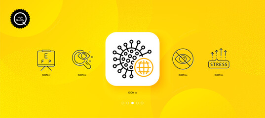 Fototapeta na wymiar Vision board, Vision test and Not looking minimal line icons. Yellow abstract background. Stress grows, Coronavirus icons. For web, application, printing. Eye check, Eyesight check, Eye care. Vector