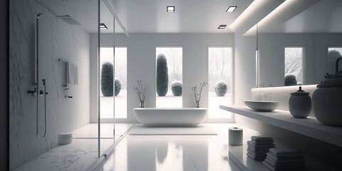 Interior design of a modern minimalist bathroom in white with a shower and bathtub, a large mirror and natural light. Generative AI.