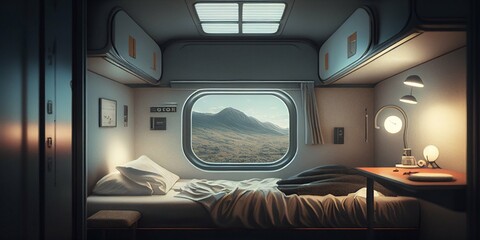 Futuristic bedroom in a space station. Generative AI.