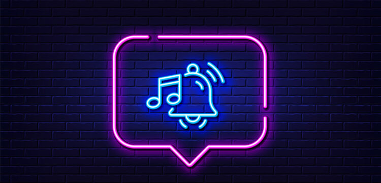 Neon light speech bubble. Alarm clock sound line icon. Reminder bell music sign. Notification musical note symbol. Neon light background. Alarm sound glow line. Brick wall banner. Vector