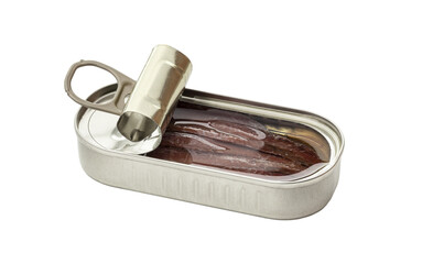 Opened tin can of anchovy fillet in oil isolated on a transparent background