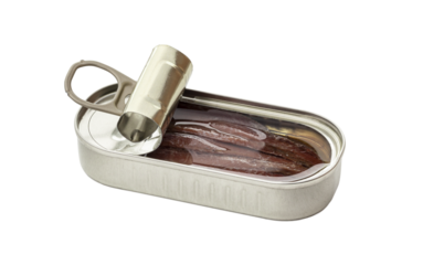 Opened tin can of anchovy fillet in oil isolated on a transparent background
