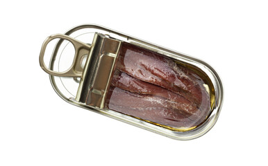 Opened tin can of anchovy fillet in oil isolated on a transparent background. Top view